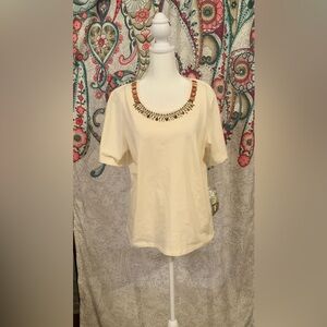NWT TanJay Cream Embellished Neckline Beaded Sequins Medium Great Easter Shirt